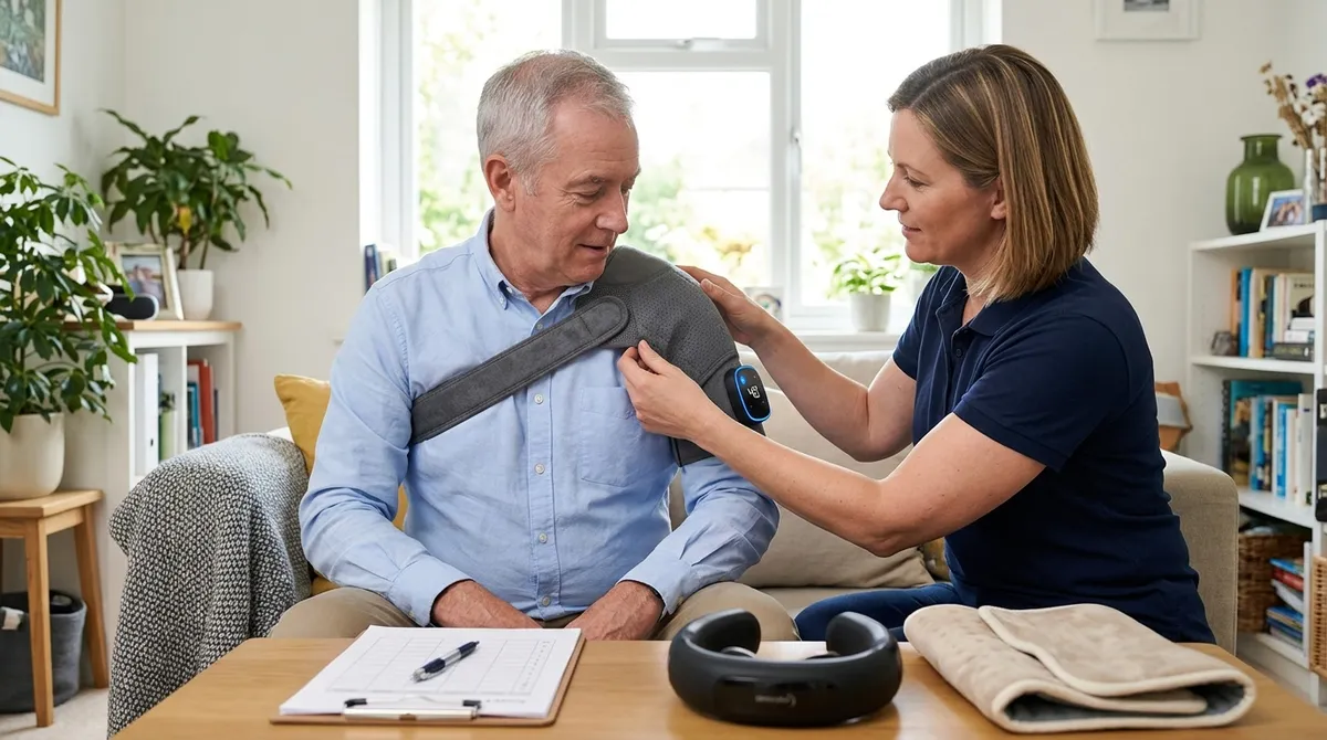 Physical therapist fitting a shoulder massager on a tester at home, with a score sheet on the table